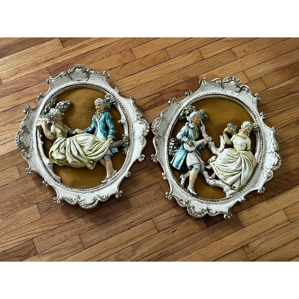 Vintage Mid Century Chalkware Wall Plaques Victorian Courting Couple Set of 2
